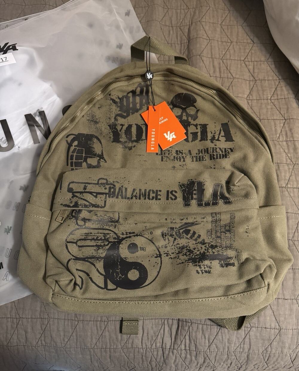 YoungLA Army green Graphic Print Zip Backpack Unisex Adults Shoulder Straps